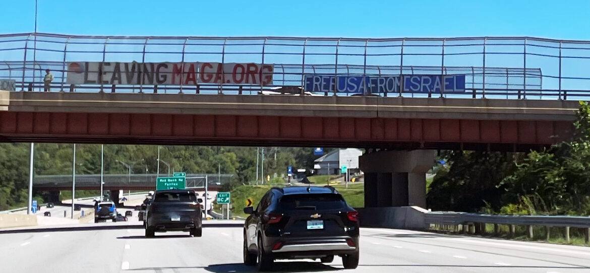Banner Reading “Free USA from Israel” Appears Over I-71 on Shabbat